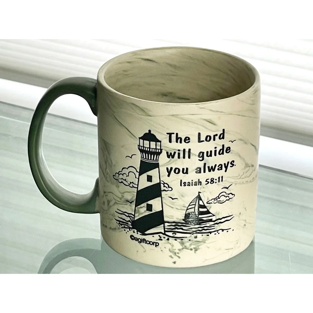 Myrtle Beach Lighthouse Mug Isiah 58:11 Tan Green Marble Vacation Tropical